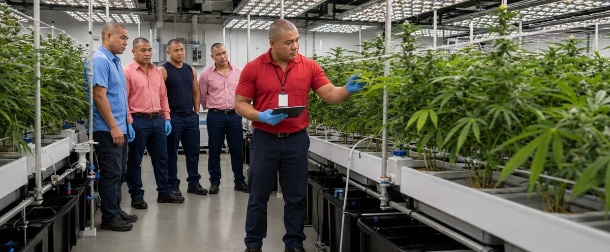 Devin Lockett with partners inspecting cannabis cultivation in the grow facility